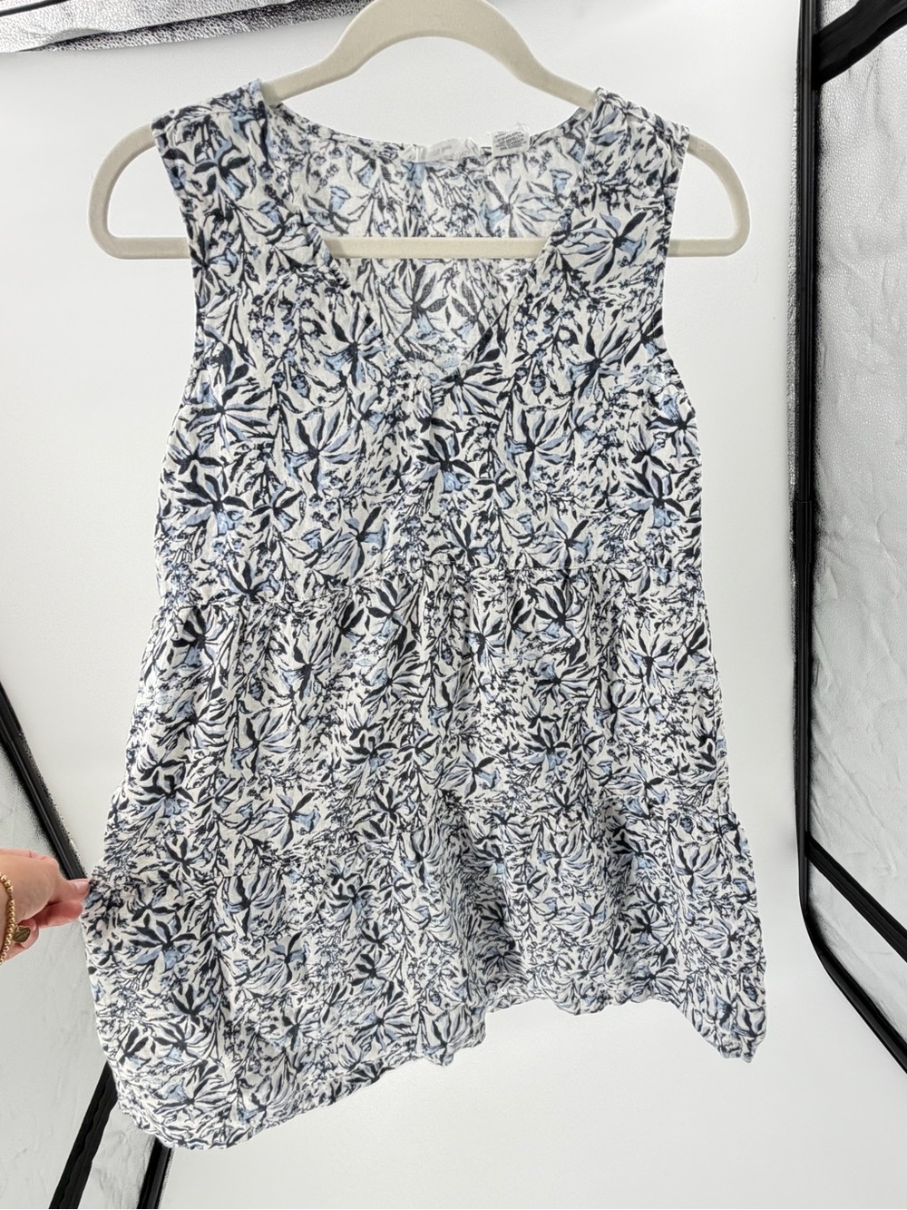 Lucky Brand 100%‎ Linen Shift Dress White Blue Floral Sleeveless Short Women S